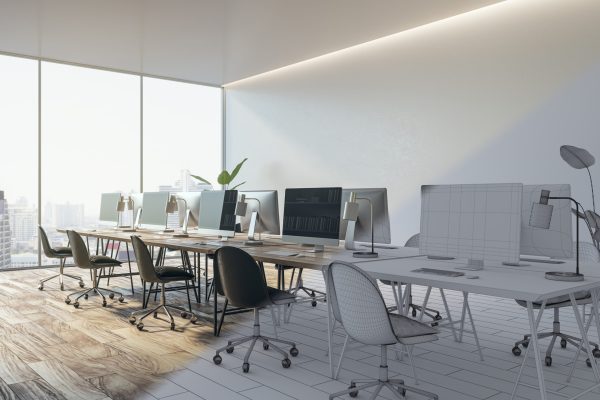 Clean half rendered coworking office interior project with computer monitors, window and city view and furniture. Designs concept. 3D Rendering